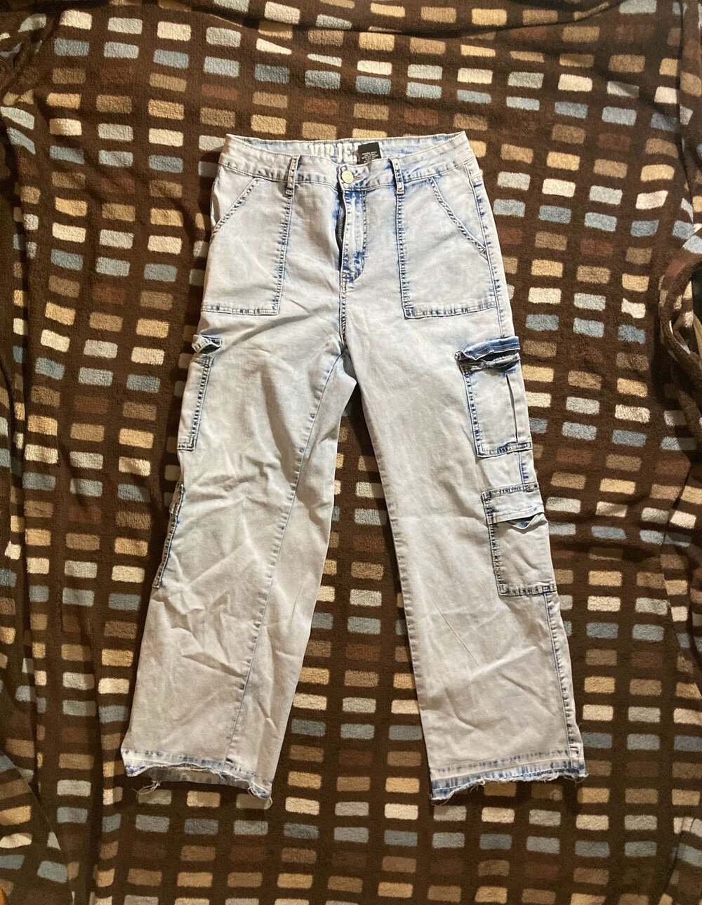 V.I.P. Jeans High Waisted Acid Wash Multi-Pocket Cargo Wide Leg Jeans